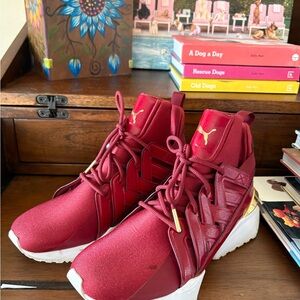 Puma Women's Burgundy Sneakers with Gold Details